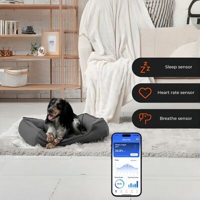 Cama inteligente para mascotas con aplicación basada en el seguimiento en tiempo real del ritmo cardíaco, respiración y sueño, proporcionando información de salud de grado veterinario