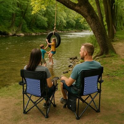 Silla de camping refrigerada equipada con sistema de circulación de agua a batería USB y zonas de enfriamiento duales para todo el día al aire libre