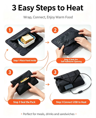 Bolso portátil de calefacción de alimentos con entrada USB y superficie autoadhesiva para un calentamiento cómodo y seguro de varios contenedores de alimentos envasados al aire libre