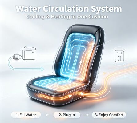 Cojín de asiento caliente refrigerado por agua del automóvil que funciona a una tensión estándar de 12 V con una potencia nominal total de 84 W, garantizando un consumo seguro y energético