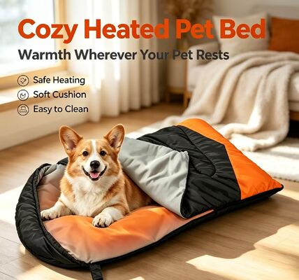 Bolsa de dormir para perros con calefacción OEM ODM personalizada, temperatura ajustable de 3 niveles, bolsa de dormir para mascotas de algodón hueco de marca privada de 71*108 cm, logotipo y embalaje personalizados para acampar, viajar, hogar, exteriores, certificada CE FCC