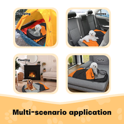Bolsa de dormir para perros con calefacción OEM ODM personalizada, temperatura ajustable de 3 niveles, bolsa de dormir para mascotas de algodón hueco de marca privada de 71*108 cm, logotipo y embalaje personalizados para acampar, viajar, hogar, exteriores, certificada CE FCC