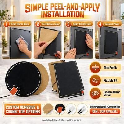 Pad de calefacción del despejador de espejos de grafeno, forma personalizada y tamaño, voltaje, película flexible resistente a la humedad para espejos de baño