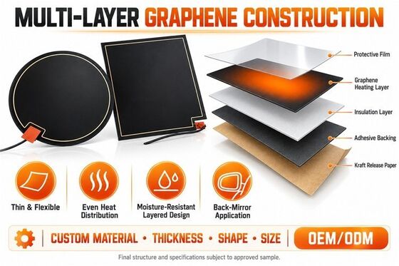 Pad de calefacción del despejador de espejos de grafeno, forma personalizada y tamaño, voltaje, película flexible resistente a la humedad para espejos de baño
