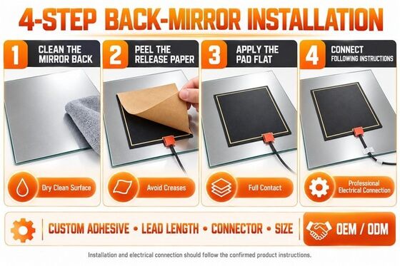 Pad de calefacción del despejador de espejos de grafeno, forma personalizada y tamaño, voltaje, película flexible resistente a la humedad para espejos de baño