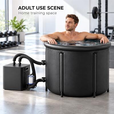 Bañera de baño de hielo con enfriador externo, bañera redonda negra de inmersión en frío con dos mangueras de agua, filtro y cubierta con hebilla para proyectos personalizados