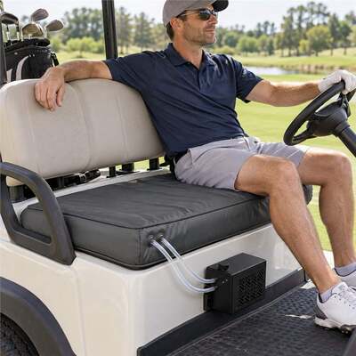 Cubierta de asiento de carrito de golf de doble modo de 24V, enfriamiento por agua y calefacción por grafeno, cubierta de asiento de banco impermeable con correas de correa y caja de enfriamiento externa, logotipo de color y embalaje de tamaño personalizado