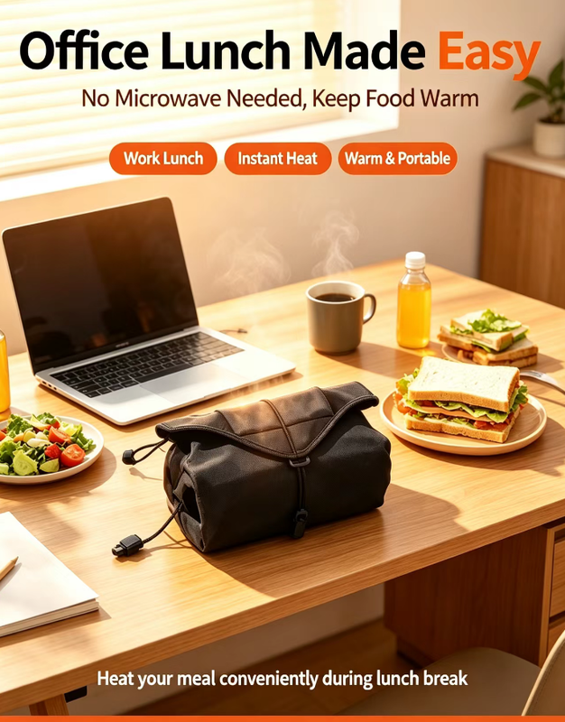 Bolso portátil de calefacción de alimentos con entrada USB y superficie autoadhesiva para un calentamiento cómodo y seguro de varios contenedores de alimentos envasados al aire libre