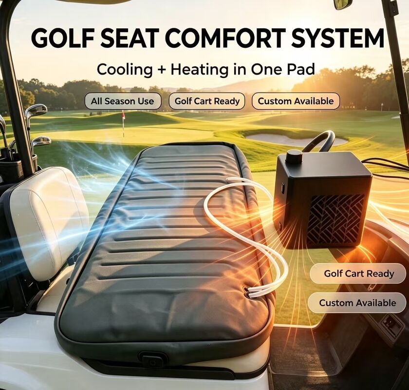 Golf heating pad with semiconductor heating and cooling elements providing fast temperature adjustment for golf cart seats