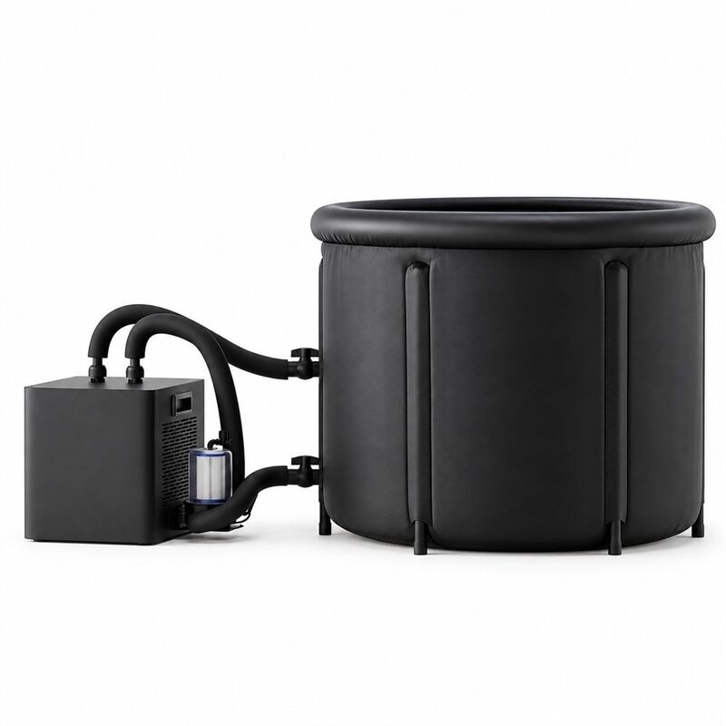 Bañera de baño de hielo con enfriador externo, bañera redonda negra de inmersión en frío con dos mangueras de agua, filtro y cubierta con hebilla para proyectos personalizados