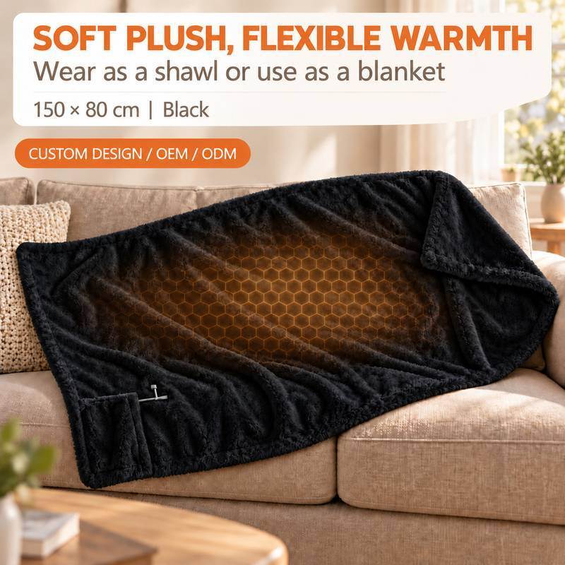 USB Heated Blanket 150x80 cm Double-Sided Faux Rabbit Plush Three Heat Settings Zipper Shawl Convertible OEM ODM Black White