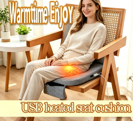 Almohadilla de asiento con calefacción por grafeno USB, almohadilla de silla de calefacción de algodón de lino con bolsillo de banco de energía incorporado, ajuste de temperatura de 3 velocidades, espuma de 3 cm de espesor 45 × 45 cm Almohadilla de asiento cálida portátil para automóvil