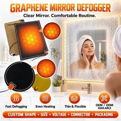 Pad de calefacción del despejador de espejos de grafeno, forma personalizada y tamaño, voltaje, película flexible resistente a la humedad para espejos de baño