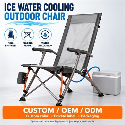 Silla plegable al aire libre con enfriamiento por agua de hielo, caja externa de agua de hielo con canal de circulación de enfriamiento, respaldo alto marco plegable con control de copos de nieve, color personalizado etiqueta privada y embalaje