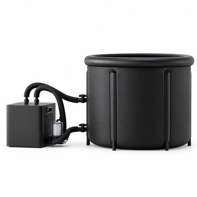 Bañera de baño de hielo con enfriador externo, bañera redonda negra de inmersión en frío con dos mangueras de agua, filtro y cubierta con hebilla para proyectos personalizados
