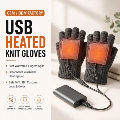 Guantes de punto con calefacción USB, guantes de invierno sin dedos de 5V con almohadilla de calentamiento de velcro desmontable, calor constante de 40-50C, protección contra el sobrecalentamiento, CE FCC RoHS, logotipo y embalaje de color personalizado