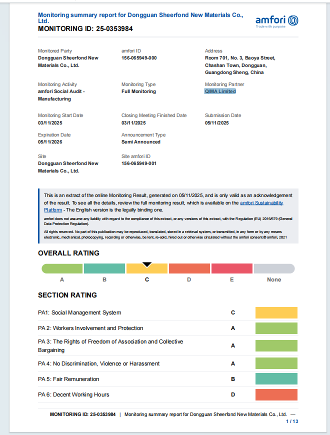 Porcelana Dongguan Sheerfond New Materials Co., Ltd. Certificaciones