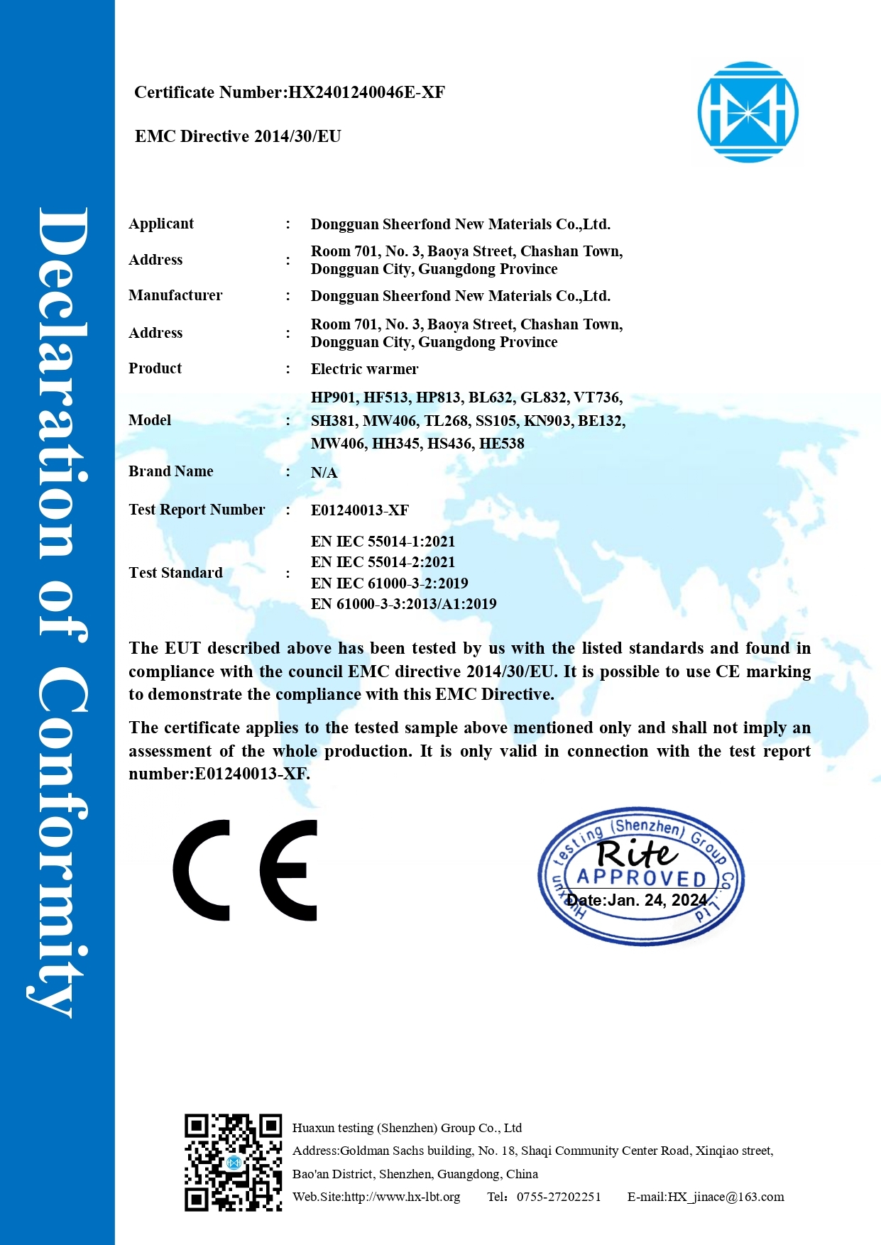 Porcelana Dongguan Sheerfond New Materials Co., Ltd. Certificaciones